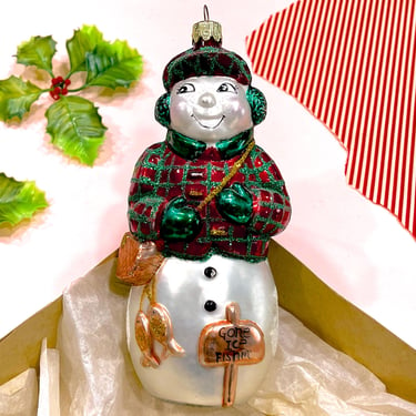 VINTAGE: Large Snowman Glass Mercury Ornament - Ice Fishing - Figural Glass Ornament - Hand Painted Ornament - Tree Decorations 