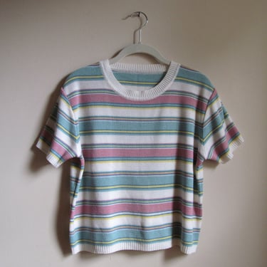80s Striped Short Sleeved Sweater L 44 Bust 