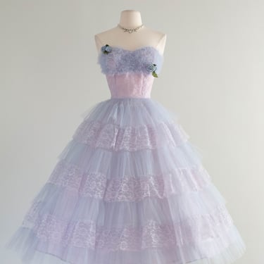 1950's Blue Hydrangea Tulle Dream Party Dress / XS