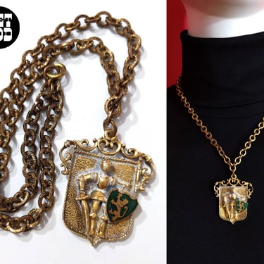 Interesting Vintage 60s 70s Gold Brass Colored Knight in Shield Statement Necklace 