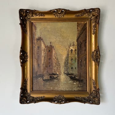 Italian Vintage View of Venice Canal Original Oil Painting, Signed 