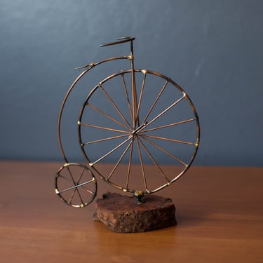 Vintage High Wheel Bicycle Metal Sculpture on Burl Wood Base 