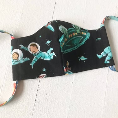 Children's Space Print Cotton Face Mask, Astronauts Planets + Spaceships, Cute Fun Small Kid's Reusable Patterned Tie Mask, Machine Washable 
