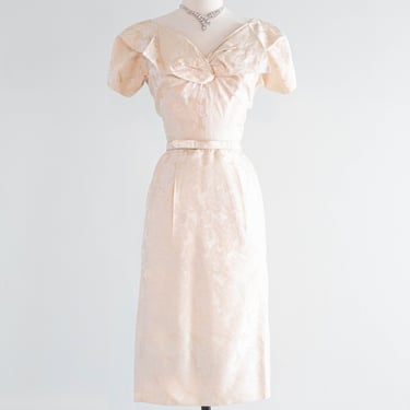 Gorgeous 1950's Ivory Silk Brocade Cocktail Dress With Matching Hat / XS