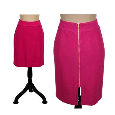 S-M Y2K Dark Pink Pencil Skirt, Wool Blend Boucle Skirt, 30