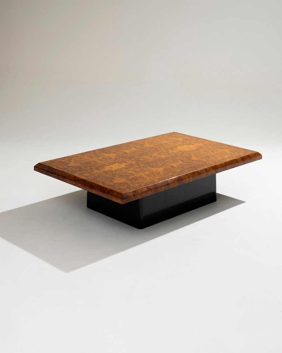 Table Carrée Vintage Italienne 1970 – Métal Moiré Et Loupe D'Orme – 125x125 Cm