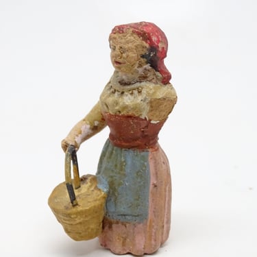Antique Neapolitan Italian Creche Religious Figure, Vintage Terracotta Woman with Basket for Christmas Nativity or Putz 