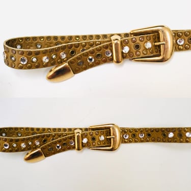 90s 2000s Vintage Gold Rhinestone Belt Brown Leather Gold Rhinestone Belt Small 29