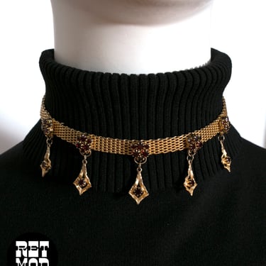 GORGEOUS Vintage 50s 60s 70s Gold Choker with Red Rhinestone Dangles 