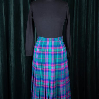 Gorgeous Vintage 80s Pendleton Fuchsia / Turquoise / Blue Plaid Pleated Wool Skirt 