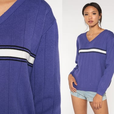 Purple Striped Sweater Y2K Knit Pullover Sweater Retro Preppy V Neck Basic Sporty 00s Vintage Cotton Polyester Viscose Small S 
