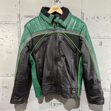 Vintage Arctic Cat Leather Jacket snowmobile in Green and Black 