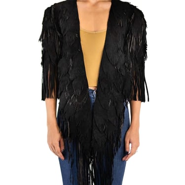 Morphew Collection Black Suede Fringe Feather Leather Long Cape 