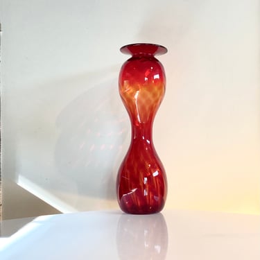 Huge Blenko optic hourglass vase in handblown amberina glass 