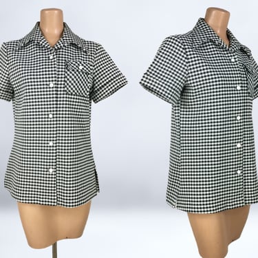 VINTAGE 60s 70s MOD Black & White Houndstooth Tunic Top | 1970s Dark Academia Blouse With Side Slits Butterfly Collar | Bogart of Texas vfg 