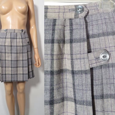 Vintage 60s/70s Plaid Wool Blend Pleated Mini School Girl Wrap Skirt Size 26 Waist 