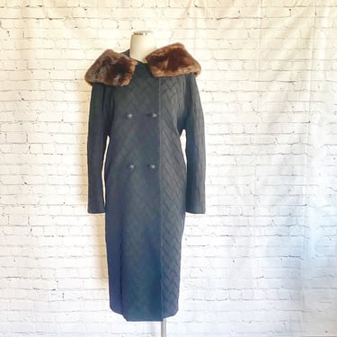 Winter Coat • Brown Natural Mink • HUGE Flip Up Collar • 1960s • Long Cocoon Coat • Textured Print • Black Wool • Warm Overcoat • L - XL 