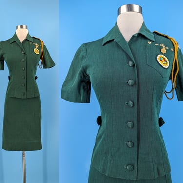 Vintage 50s Girl Scouts Uniform - XS Fifties Girl Scout Skirt and Blouse Uniform Set with Pins and Patches 