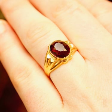 Vintage Hallmarked 10K Gold Ruby/Garnet Ring, Yellow Gold Gemstone Signet Ring, Budlong, Docherty & Armstrong, Size 7 3/4 US 