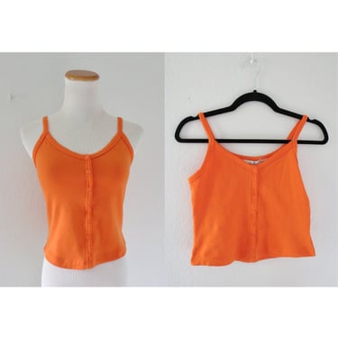 Vintage 90s Orange Cami Tank Top Lettuce Edge Spaghetti Strap Crop Summer Outfit Size Medium 