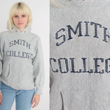Smith College Hoodie 90s Champion Hooded Sweatshirt Northampton University Graphic Shirt Pioneers Heather Grey Hood Vintage 1990s Medium M 