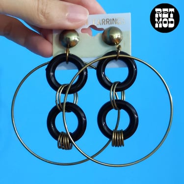 LARGE DEADSTOCK Vintage 80s 90s Black Gold Metal Hoops Statement Earrings 