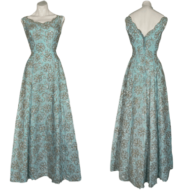 1960's Ice Blue Sequin and Lace Gown Size S