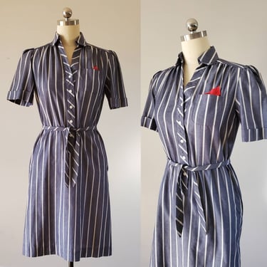 1980's Schrader Sport Striped Dress with Belt and Pockets 80's  Dresses 80s Women's Vintage Size Medium 