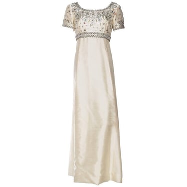 1960S Off White Silk Blend Radzimir Crystal Beaded Jackie O Style Mod Empire Waist Gown 