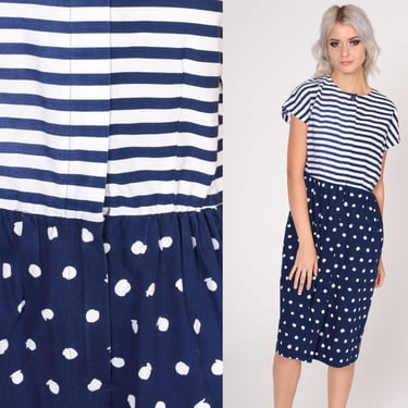 80s Day Dress Polka Dot Striped Midi Dress Blue White Busy Print High Waisted Short Sleeve Knee Length Casual Vintage 1980s Small Petite 