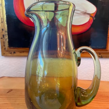 Vintage Handblown Glass Green Pitcher with Handle | Artist Signed Green Glass Pitcher | William 1983 Signed Art Glass | Collectible Art 