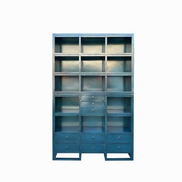 Tall Chinese Distressed Solid Blue Lacquer Display Bookcase Cabinet cs7701E 