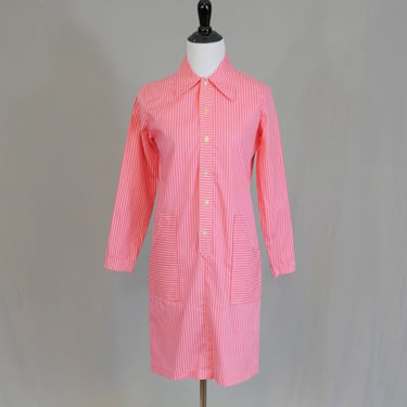 60s 70s Pink Dress - White Stripes - Straight Striped Shirtdress - Cotton Rayon Blend - Vintage 1960s - XS S 