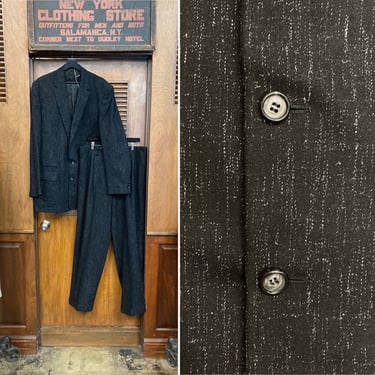 Vintage 1950’s Size XL Jet Black Fleck Wool Rockabilly 2 Piece Suit, Sportcoat, Blazer, Pants, Rockabilly, 1950s, Atomic, Fleck, Elvis, XL 