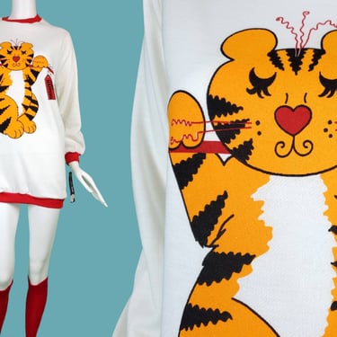 Cute kitty deadstock sweatshirt soft sleepwear long catnapping cat pajamas pj's nightshirt cozy loungewear. 70s/80s. (Size XS/S) 