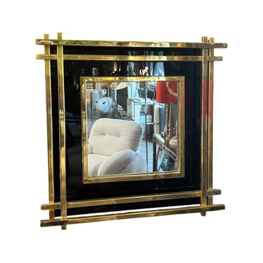 Italian Mid-Century Wall Mirror Black & Brass, 1970s