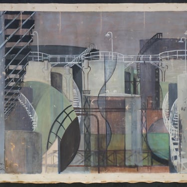 Modernist Japan oil painting industrial complex art 1956 Japanese art craft 