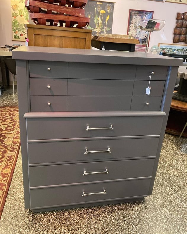 Gray painted chest of drawers 38.5” x 20.5” x 43.75”