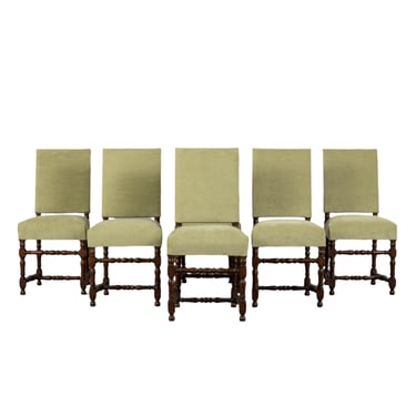 Antique French Louis XIII Style Oak Dining Chairs In Laurel Green Velvet - Set of 6 