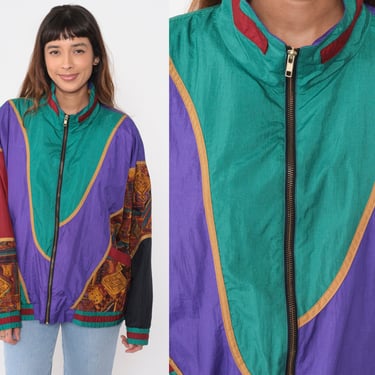 90s Color Block Jacket Purple Teal Green Geometric Windbreaker Colorblock Jacket Zip Up Retro Southwest Vintage Gold 1990s Extra Large xl 