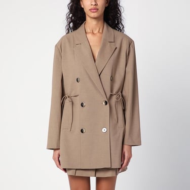 Ganni Double-Breasted Overcoat Brown Mélange Jacket Women