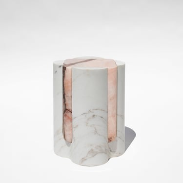 Bespoke Golden Calacatta Marble & Pink Onyx Graphic Modern Stool/Sidetable