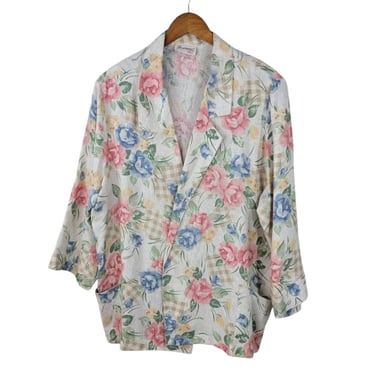 Vintage 80s Floral Blazer Jacket 3X 22/24 Cottagecore Jaquard Pastel Pink Blue 