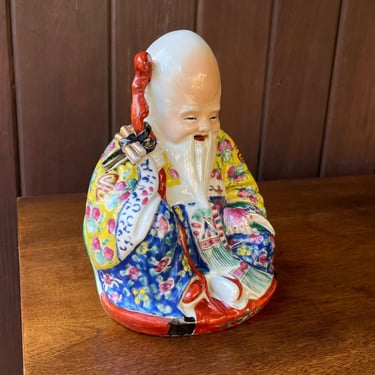 Large Shouxing God of Longevity Porcelain Figure Chinese Man Elder with Staff Vintage Antique Chinese Famille Rose Figurine Shoulao Statue 