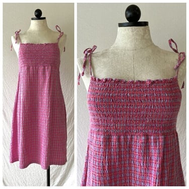 90s Smocked Stretchy Pink and Blue Plaid Seersucker Mini Dress One Size 