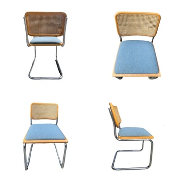 Set of 4 Blonde Wood Cane and Blue Upholstry Breuer Cesca Chairs