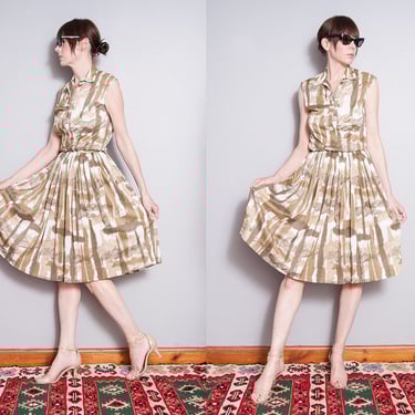 Vintage 1960's | 2 Piece Set | Mid Century | Patterned | Sleeveless Top | Full Skirt | New Look | MCM | S 
