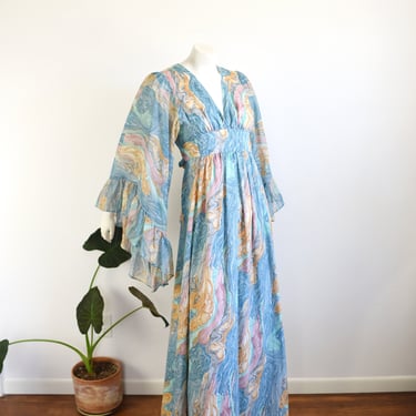 1970s Marble Print Angel Sleeve Dress - XS/S 