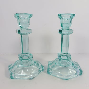 Vintage Aqua Glass Candle Holders - Aqua Turquoise Glass Candlestick Holders 