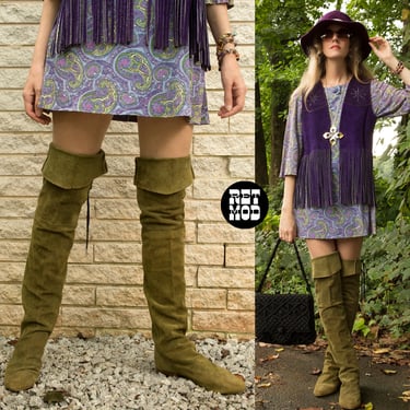 Size 8/8.5 US Vintage 70s 80s Moss Green Thigh OR Over-The-Knee Suede Boots with Lace Up Backs 